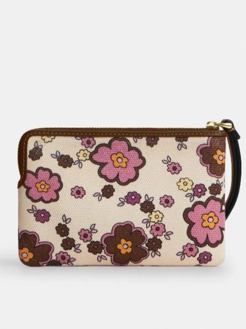 COACH Floral Canvas Wristlet in Cream, Pink & Brown